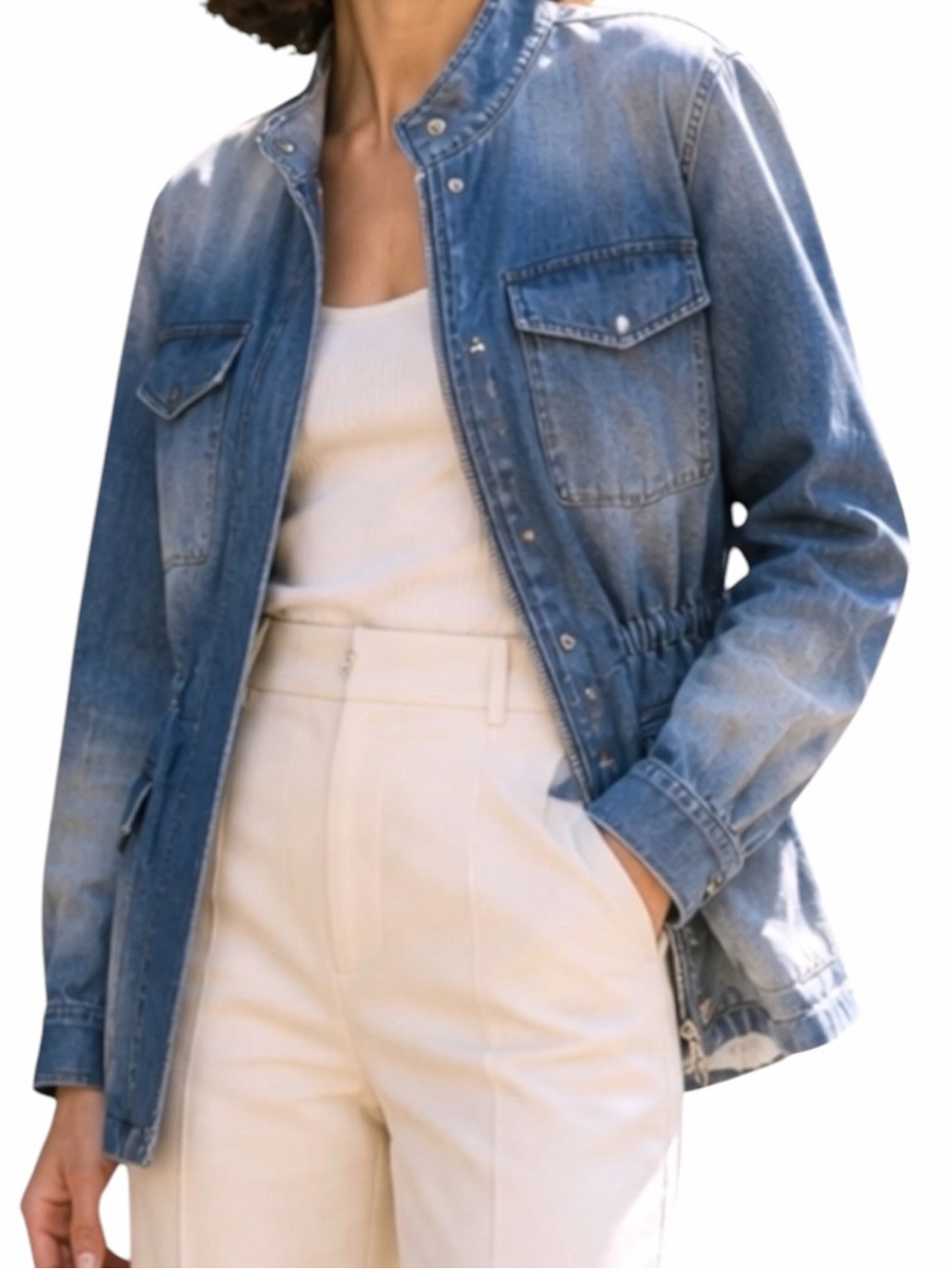 Closed Cinched Waist Denim Utility Jacket Structured Light Wash S